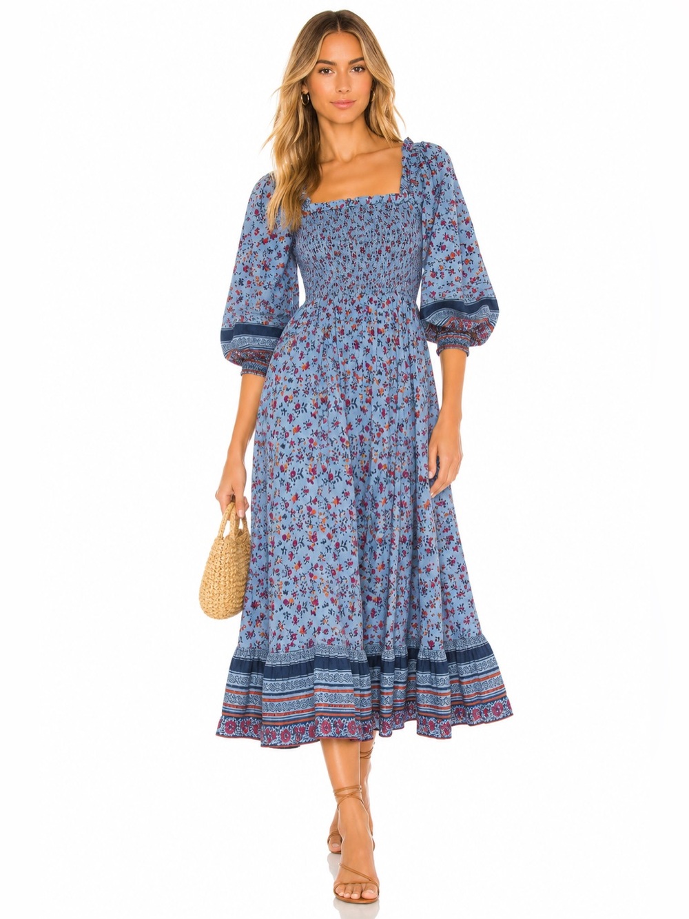 Cleobella Blue Floral Smocked Midi Dress Boho Puff Sleeve Cotton XS